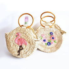 Load image into Gallery viewer, Wooden Ring  Flamingo/Flower Embroidered Corn Woven Handbag