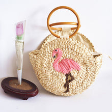 Load image into Gallery viewer, Wooden Ring  Flamingo/Flower Embroidered Corn Woven Handbag