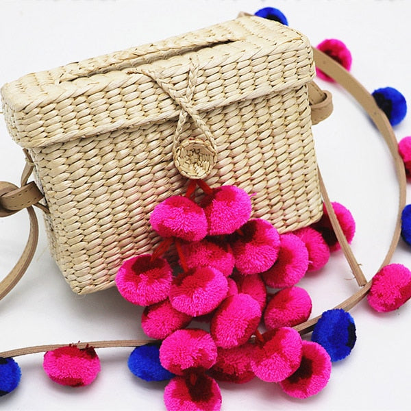 Colorful Pompom Straw Bag
