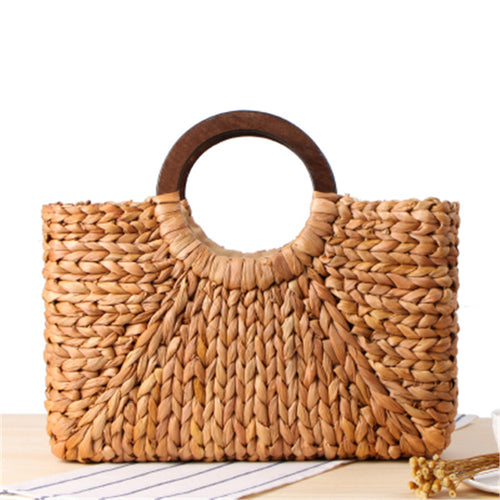 Wooden Ring Portable Women Straw Bag