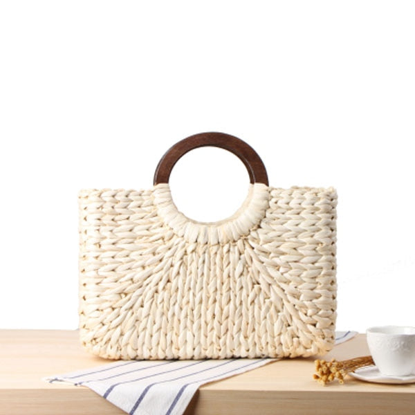 Wooden Ring Portable Women Straw Bag