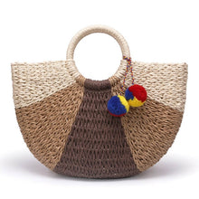 Load image into Gallery viewer, Large Retro Straw Bag Semi-Circle Transition Color Paper Rope