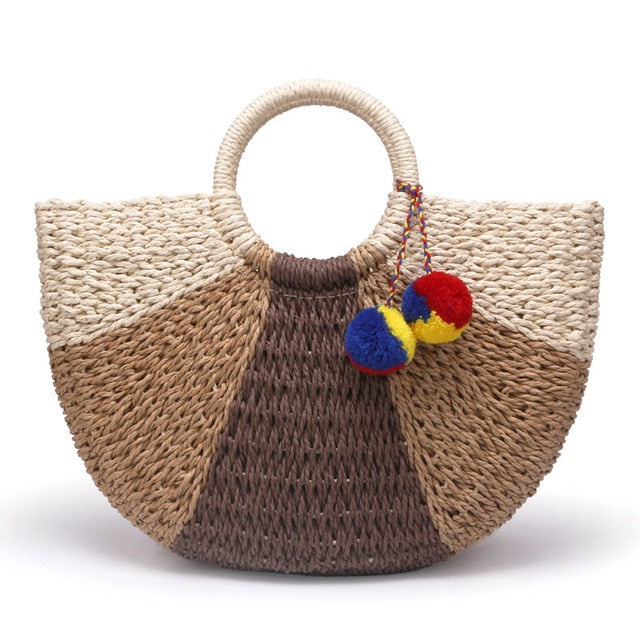 Large Retro Straw Bag Semi-Circle Transition Color Paper Rope