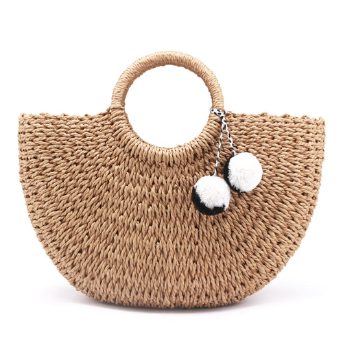 Pompom Beach Weaving Ladies Straw Bag