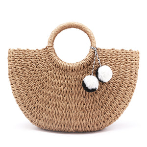 Pompom Beach Weaving Ladies Straw Bag