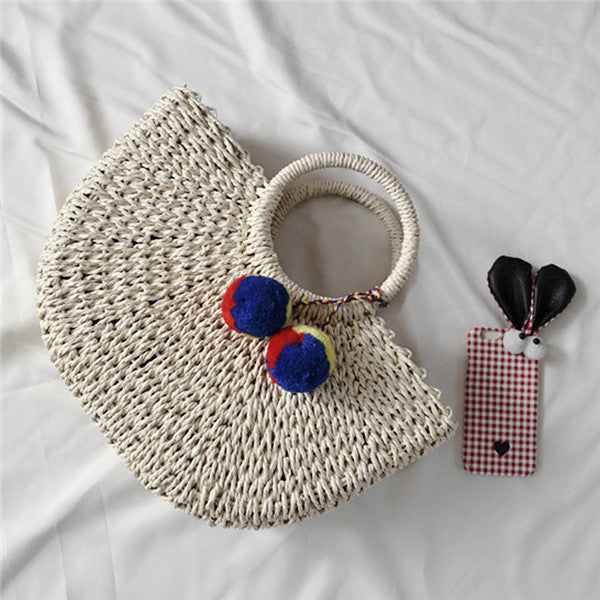 Pompom Beach Weaving Ladies Straw Bag