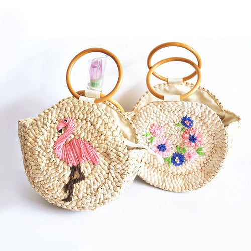 Wooden Ring  Flamingo/Flower Embroidered Corn Woven Handbag