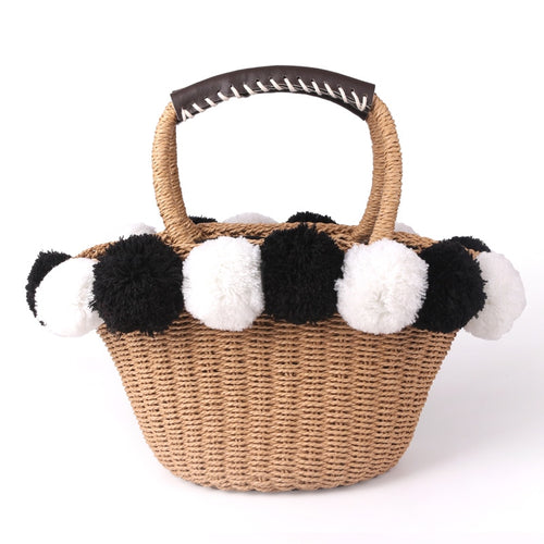 Black White Ball Decoration Straw Bag