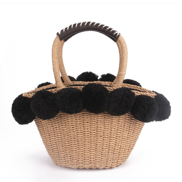 Black White Ball Decoration Straw Bag