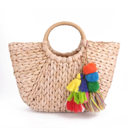Pompon Beach Weaving Ladies Straw Bag