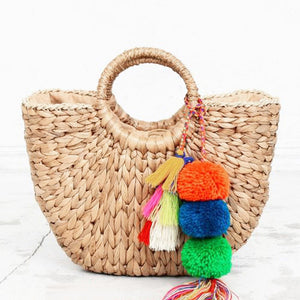 Pompon Beach Weaving Ladies Straw Bag