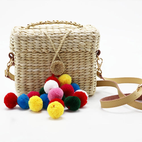 Small Square Pompom Straw Bags
