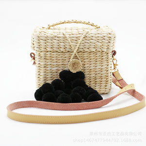 Small Square Pompom Straw Bags