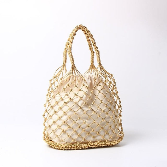 Gold/Silver/Black 3 Color Bright Paper Ropes Hollow Woven Bag