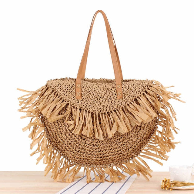Semi-Circular Tassel Spike Paper Shoulder Straw Bag