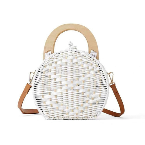 Fashion Wooden Handle Rattan Knit Bag