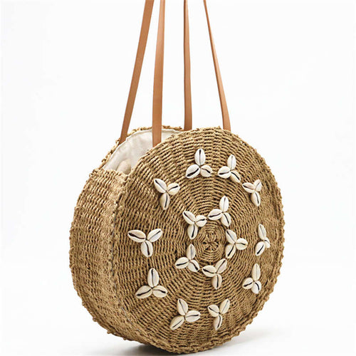 Round Straw Beach Bag Woven Shell