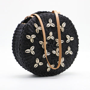 Round Straw Beach Bag Woven Shell