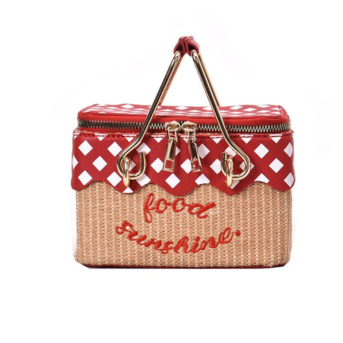 Straw Basket Bag Red with Letter
