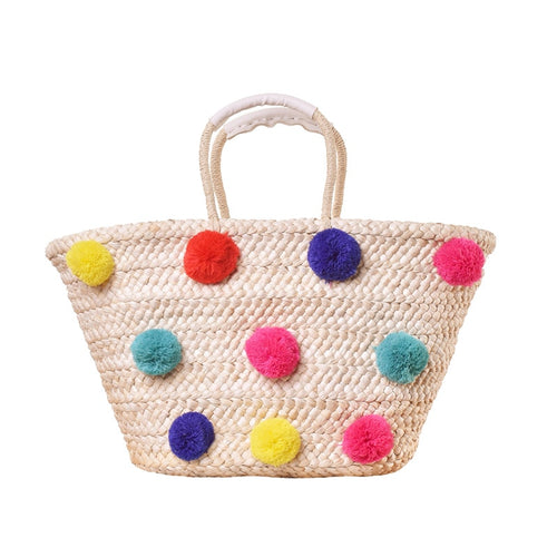 Straw Shopping Bag with Pompom