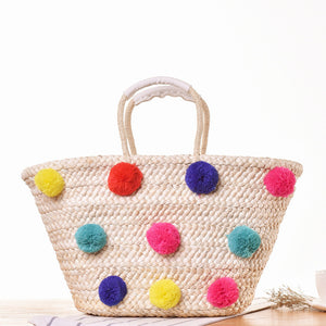Straw Shopping Bag with Pompom